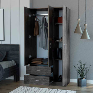 English Elm Eureka Smoke Oak Three-Door Armoire with Rod, Two Deep Drawers & Adjustable Shelves — 70.8"H x 35.4"W B128S00087