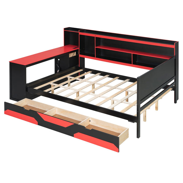 English Elm Queen Gaming Bed Frame with Desk Led Lighting Storage Drawers and Bookcase Headboard Black+Red LP000290AAJ