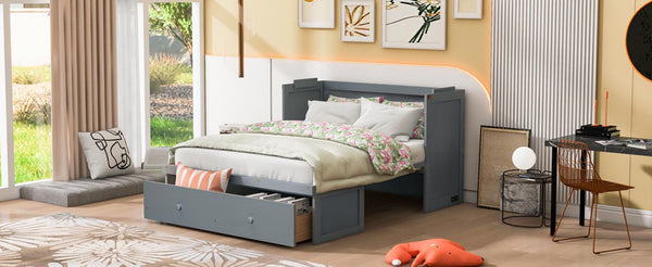 English Elm Full Size Wall Murphy Bed Cabinet with Storage Drawer and Built-in Usb Charging Gray N708P205903E