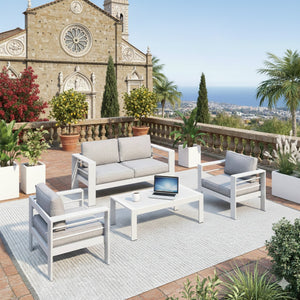 English Elm 4-piece Outdoor Aluminum Conversation Set with Deep Lounge Seating and Wpc Coffee Table Grey+White B082S00084