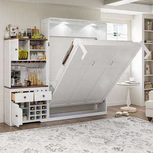English Elm Queen Murphy Bed with Wine Rack Glass Holder Led Lighting and Cabinet White White LP000391AAK