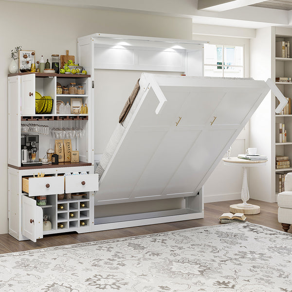 English Elm Queen Murphy Bed with Wine Rack Glass Holder Led Lighting and Cabinet White White LP000391AAK