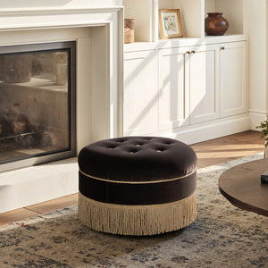 English Elm Jennifer Taylor Home - Yolanda Round 24" Upholstered Accent Ottoman in Performance Velvet with Tassel Fringe, Durable Build Brown B2719P358854