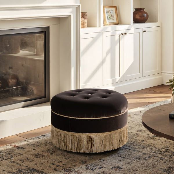 English Elm Jennifer Taylor Home - Yolanda Round 24" Upholstered Accent Ottoman in Performance Velvet with Tassel Fringe, Durable Build Brown B2719P358854