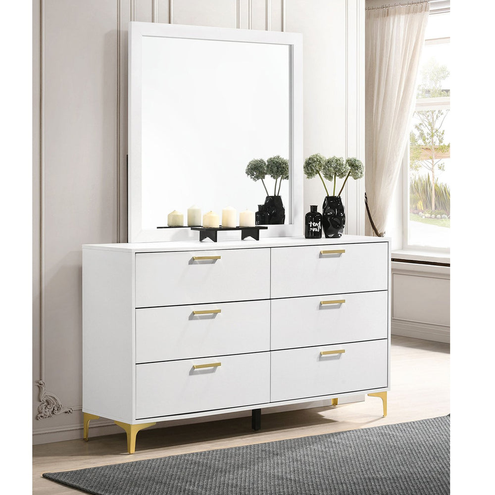 English Elm James White Glam Dresser with Mirror Gold Hardware Six Drawers Bedroom Vanity Set B062S01742