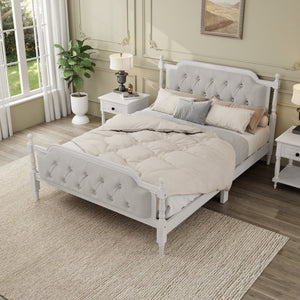 English Elm Traditional Solid Wood Bed Frame with Tufted Upholstered Headboard, No Box Spring Needed, Sturdy 400 lb Capacity Antique White 57.5 L x 22.5 W x 10.5 H N701P242546K