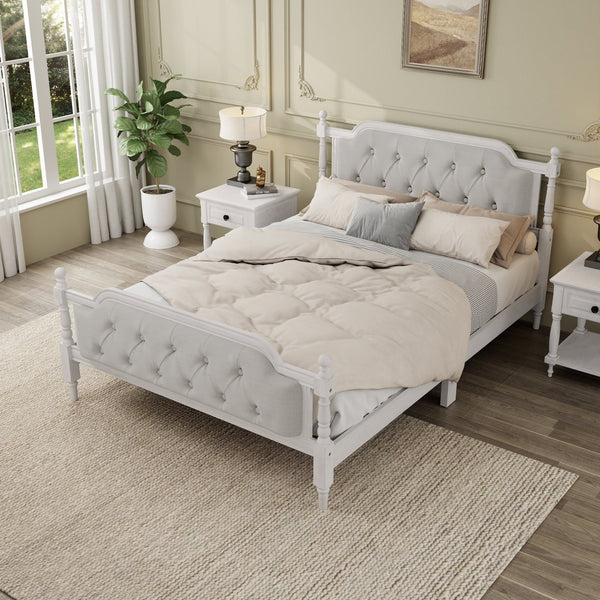 English Elm Traditional Solid Wood Bed Frame with Tufted Upholstered Headboard, No Box Spring Needed, Sturdy 400 lb Capacity Antique White 57.5 L x 22.5 W x 10.5 H N701P242546K