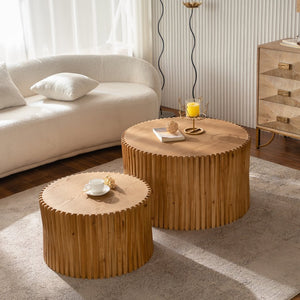 English Elm Vintage Round Nesting Coffee Tables Set of 2 — Textured Cylindrical Wood Accent Tables, Sturdy 110lb Capacity, No-Assembly Natural W757P264677