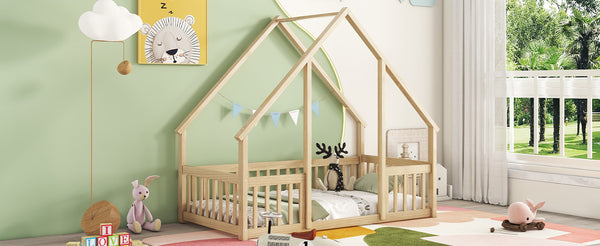 English Elm Twin Wood House-Shaped Floor Bed with Fence and Guardrails – Playful Pine Frame for Imaginative Kids Retreat Natural W504P143291