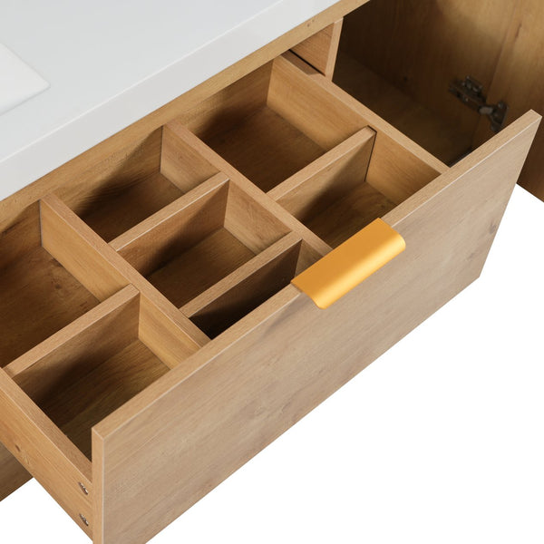 English Elm [video]59.3 Inch Wall Mounted Double Sink Vanity Wood Grain Mdf Soft Close Storage N729P000027N