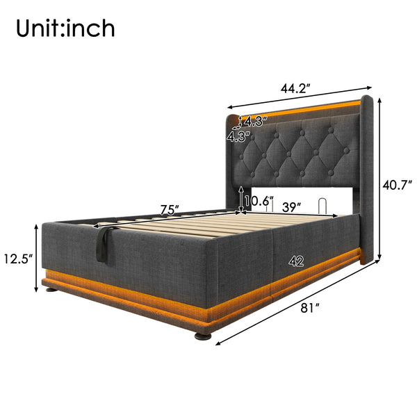 English Elm Twin Upholstered Bed with Hydraulic Storage, Surround LED, App/Remote Control & USB Type-C Charging Gray N736P188805G