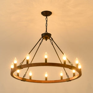 English Elm 31.5 Inch Wagon Wheel Chandelier Wood Matte Black 12-light Farmhouse Pendant Fixture W5008P464752