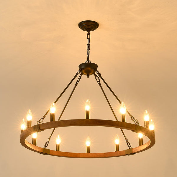 English Elm 31.5 Inch Wagon Wheel Chandelier Wood Matte Black 12-light Farmhouse Pendant Fixture W5008P464752