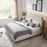 English Elm Queen Size Modern Design Bed Frame Upholstered Queen Bed Frame Platform With Headboard Fabric Headboard Wooden Slats Support, No Box Spring Needed,Mattress Foundation,White