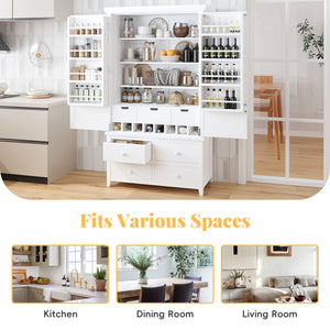 English Elm Topmax Freestanding Pine Wood Kitchen Pantry Cabinet with Wine Rack White SP000070AAK