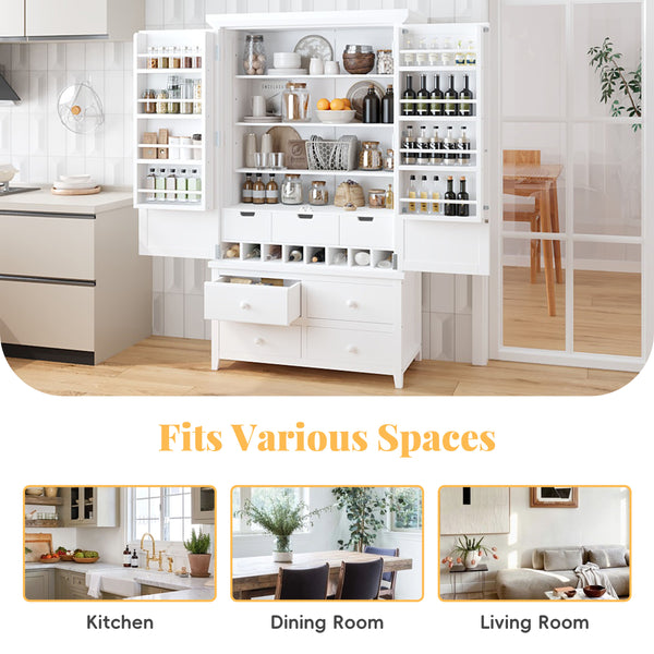 English Elm Topmax Freestanding Pine Wood Kitchen Pantry Cabinet with Wine Rack White SP000070AAK