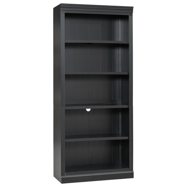 English Elm 83.4" Tall Wood Bookcase with LED Light Strip, 5-Tier Adjustable Shelves, Cable Hole, Modern Black Storage Organizer N751S246934B
