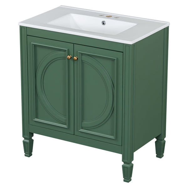 English Elm Christopher Knight Home® - 30" Bathroom Vanity with Sink Vintage Freestanding Ceramic Top Soft-Close Doors Gold Knobs, Storage Green N759P226000F