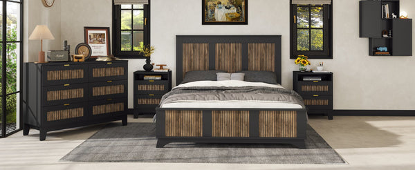 English Elm 4-Pieces Queen Platform Bed Set with Storage Nightstands & Dresser, Wooden Strip Accent, Modern Farmhouse Elegance Black 52.17 L x 18.5 W x 11.81 H HL000191AAB
