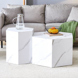 English Elm Modern Minimalist Style Hexagonal White Marble Patterned Mdf Coffee Table Set (Two-Piece Set) .Complex Texture Patterns, Style and Texture Coffee Table To Redefine Your Interior Decoration.