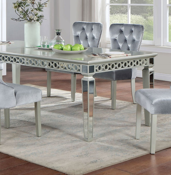 English Elm Silver Glam Mirror Accent Dining Table with Expandable 18" Leaf, Silver-Gray Contemporary 90" B2741P306158