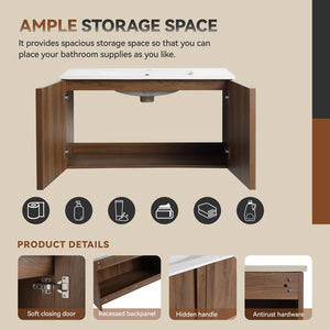 English Elm 36" Floating Bathroom Vanity Light Oak Modular Cabinet with Gel Coat Integrated Sink Brown Ebony,Glossy White W3450S00066