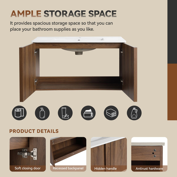 English Elm 36" Floating Bathroom Vanity Light Oak Modular Cabinet with Gel Coat Integrated Sink Brown Ebony,Glossy White W3450S00066