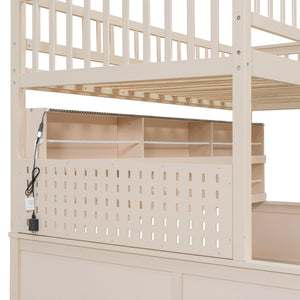 English Elm Twin Xl Over Queen Bunk Bed with Led Lighting Shelving and Pegboard Pinewood Frame Beige LT000280AAA