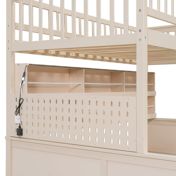 English Elm Twin Xl Over Queen Bunk Bed with Led Lighting Shelving and Pegboard Pinewood Frame Beige LT000280AAA