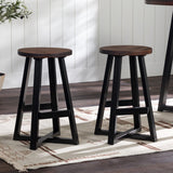 Walker Edison Mahogany Wood Round Dining Stool with Rustic Distressed Finish