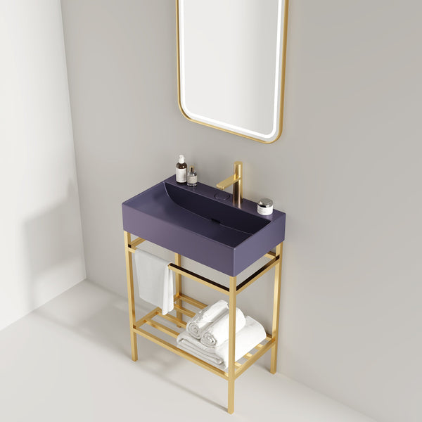 English Elm LOFI Ceramic Integrated Bathroom Vanity 24" with Rectangular Basin, Open Metal Shelf, Easy Clean Gold,Purple W2615S00081