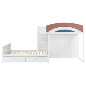 English Elm Full Size Offset Bunk Bed with Wardrobe Hanging Rod Drawers and Upholstered Rail White N820S00081K