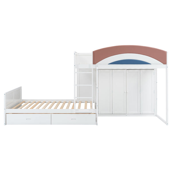 English Elm Full Size Offset Bunk Bed with Wardrobe Hanging Rod Drawers and Upholstered Rail White N820S00081K