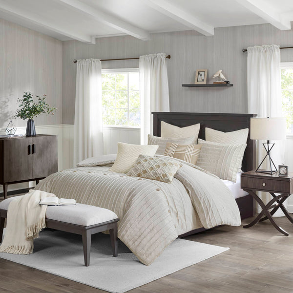 JLA Home Madison Park Signature - Oversized Cotton Jacquard Comforter Set with Removable Duvet Insert, Euro Shams & Decorative Pillows Ivory MPS10-497