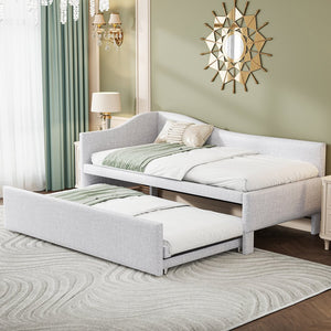 English Elm Twin L-shaped Linen Upholstered Daybed with Hydraulic Pop-up Trundle for Guest Rooms Beige SF000193AAA-1