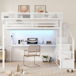English Elm Queen Loft Bed With Desk & Charging Station - Space-Saving Metal Bed For Kids & Teens, White Finish W2580S00045-GIGA