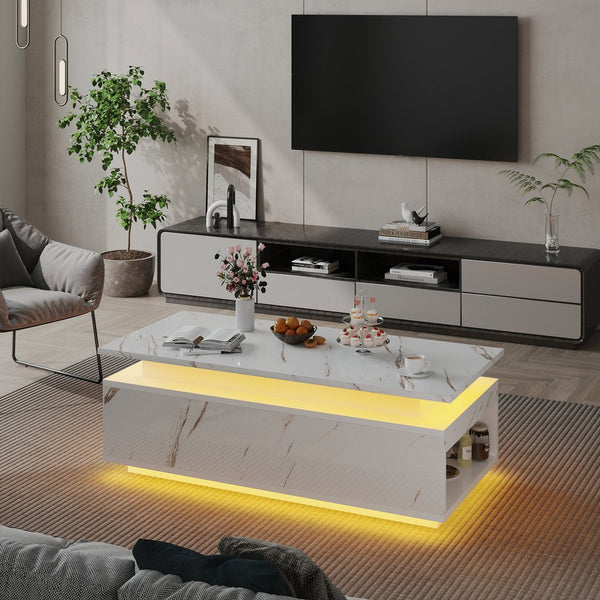 English Elm Coffee Table with Led Lighting Bluetooth Speaker Wireless Charging and Faux Marble Top White T3773P415726