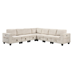 English Elm 7-Piece Modular Sectional with Hidden Storage, Side Pockets and USB Charging in Corduroy Upholstery Beige 28.5 L x 29 W x 20.5 H B011S01081