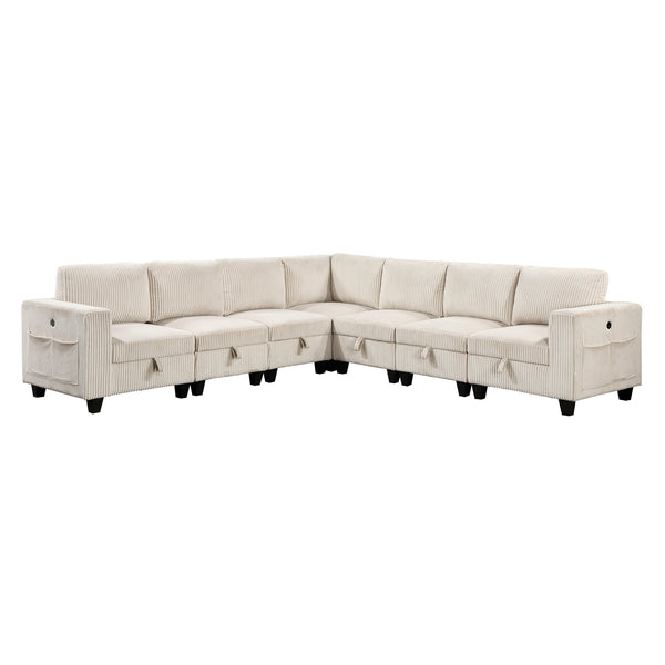 English Elm 7-Piece Modular Sectional with Hidden Storage, Side Pockets and USB Charging in Corduroy Upholstery Beige 28.5 L x 29 W x 20.5 H B011S01081