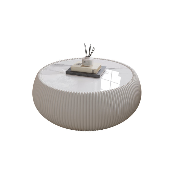 English Elm Light Marble Top Drum-Shaped Coffee Table: Chic Leather-Wrapped Design For Stylish Living Spaces W3081P367626