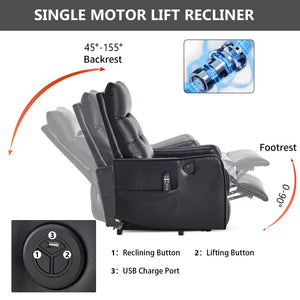 English Elm Black Pu Leather Power Lift Recliner with Massage Heat and Usb for Senior Living W1803P364102