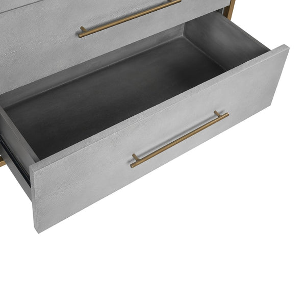 Sunpan VENICE Dresser - Luxurious Grey Shagreen Six-Drawer Storage with Antique Brass Accents for Glam Spaces 105441