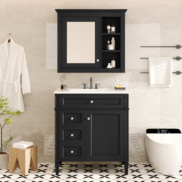 English Elm 30'' Modern Bathroom Vanity with Integrated Mirror Cabinet, Ceramic Sink, 3 Drawers & Ample Storage Black SW000126AAB-1