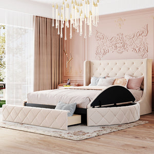 English Elm Upholstered Queen Platform Bed Velvet Wingback Storage Drawer with Side Stools LP100815AAA