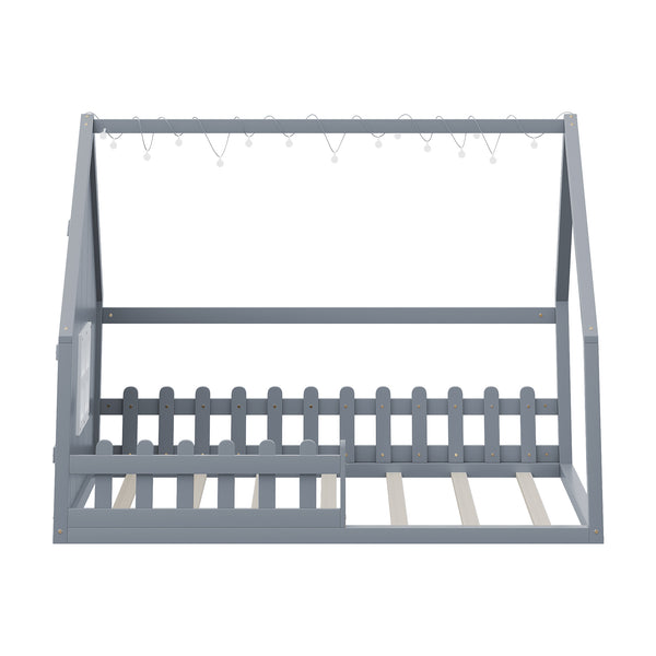 English Elm Full House Bed Frame with Window & Fence Playhouse Design, Sturdy Pine/MDF, Safe 400lb Capacity Gray N709P215545E