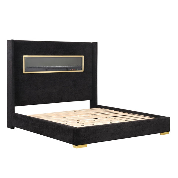 English Elm Contemporary Queen Platform Bed Upholstered Fabric Headboard with Built-in 3d Fireplace B2741P439939
