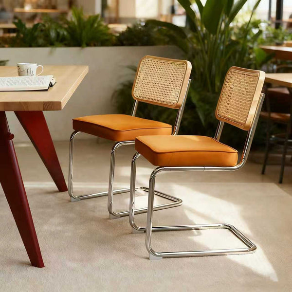 English Elm Dining Chairs Set of 4 Velvet Seat Woven Rattan Back Chrome Cantilever Frame Orange W2105S00005