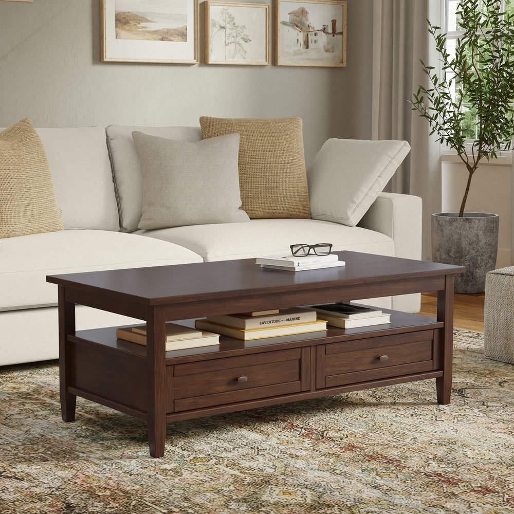 English Elm Warm Shaker Solid Wood Coffee Table with Two Drawers Russet Brown Transitional B136P429085