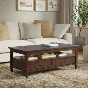 English Elm Warm Shaker Solid Wood Coffee Table with Two Drawers Russet Brown Transitional B136P429085