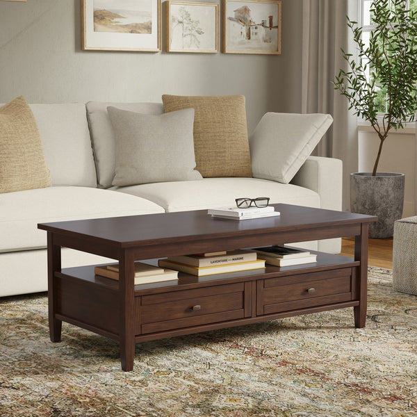 English Elm Warm Shaker Solid Wood Coffee Table with Two Drawers Russet Brown Transitional B136P429085